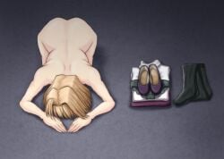 1girls all_fours arcueid_brunestud ass ass_up big_butt blonde_hair bowing bowing_before_viewer bowing_down completely_nude dogeza face_down_ass_up female_focus hands_on_floor hands_on_ground head_down huge_ass melty_blood naked nude on_floor surrendering tsukihime
