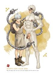 2026 2boys abs apron balls biceps black_hair blush boots breasts calligraphy_brush censor_bar censored censored_penis collarbone completely_nude cracks duo ebitendon embarrassed exposed_nipples exposed_penis flaccid foreskin foreskin_folds full_body gay grey_eyes grin hand_on_waist happy_new_year height_difference hi_res ink light_skin male male/male male_only marble mature_male mechanical_arm mischievous_smile muscles muscular muscular_arms muscular_legs muscular_male muscular_thighs new_year nipple_play nude original original_character painting pecs penis pointless_censoring pose quadriceps retracted_foreskin short_hair six_pack standing statue statuefication torakitchen torakitchen_(ebitendon) tough_guy uncircumcised uncut white_background white_hair yaoi