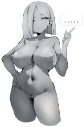 ..... 1girl areolae asfr belly_button big_ass big_breasts collarbone duolingo eyes_half_open greyscale hand_on_hip hips lily_(duolingo) looking_down mineralization nipples nude petrification pussy raised_eyebrow shaved_pussy shiroooo short_hair statue stone_body unimpressed white_background wide_hips