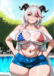 aegir_(azur_lane) ai_generated american_flag_bikini ass ass_focus ass_grab azur_lane big_ass big_breasts blush curvy curvy_figure hands_on_hips hips horns hotpants naked pool poolside small_waist wide_hips