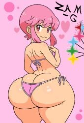 1girls big_ass bikini curvy_figure huge_ass jakuzure_nonon kill_la_kill petite pink_background pink_eyes pink_hair shortstack small_breasts small_but_busty smaller_female thick_thighs zam_g