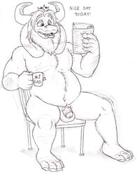 anthro asgore_dreemurr balls beard big_horns black_and_white book boss_monster caprine casual_nudity chair chest_tuft claws crown cup dialogue english_text facial_hair fangs flaccid fluffy_ears goat hi_res holding_cup horn male male_only mammal mature_male monochrome musclegut nude paws penis simple_background sitting slightly_chubby small_penis solo text thick_penis tuft uncut undertaild undertale video_games white_background