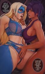 2girls 3d blonde_blazer blonde_hair blue_eyes breast_grab breasts brown_eyes cityscape clavicle closed_mouth clothing courtney_(dispatch) dark-skinned_female dark_skin dispatch_(game) domino_mask eye_mask eyebrow_piercing female female_pubic_hair fingering fishnet_legwear fishnet_thighhighs fishnets grabbed_from_behind grabbing grabbing_another's_breast groping high_resolution indoors invisigal large_breasts legwear lips lipstick long_hair looking_at_viewer makeup mandy_(dispatch) mask multiple_girls navel night night_sky nose_piercing piercing pubic_hair pubic_hair_peek purple_hair red_lips sfrinzy short_hair sky smile standing star_(sky) starry_sky stomach thighhighs window yuri
