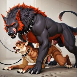 ai_generated canine cerberus chains collar cum cum_inside leash male/male size_difference