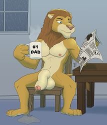 absurd_res balls birbdrain blue_eyes bodily_fluids brown_mane casual_nudity casual_urination chair coffee_mug digital_drawing_(artwork) digital_media_(artwork) felid flaccid foreskin furniture furry genital_fluids genitals hi_res holding_coffee_mug holding_object lion male mammal mane newspaper nipples nude on_chair pantherine pecs peeing peeing_on_ground penis raining reading reading_newspaper sitting sitting_on_chair solo steam table tan_body urethra urine urine_on_ground urine_pool urine_stream window