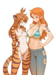 ai_generated angry anthro big_breasts bikini bikini_top blue_clothing blush bottomwear bra breast_envy breast_size_difference breast_squish breasts breasts_frottage brown_body brown_fur brown_hair chest_tuft cleavage clenched_teeth clothed clothed/nude clothed_female_nude_female clothing countershading denim denim_clothing duo ear_piercing eye_contact featureless_breasts featureless_crotch felid female female/female female_only flora_(twokinds) fur furry hair hand_on_hip hi_res human long_hair looking_at_another mammal markings multicolored_body multicolored_fur nami_(one_piece) navel nude one_piece orange_body orange_eyes orange_fur orange_hair pantherine pants piercing simple_background smile squish standing striped_body striped_fur stripes swimwear tail_markings teeth tiger tuft underwear white_background white_body white_fur yellow_eyes