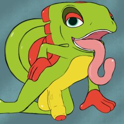 1:1 2016 4_fingers anthro balls belly chameleon curled_tail fingers foreskin genitals green_body green_scales half-closed_eyes hand_on_hip hi_res humanoid_genitalia humanoid_penis kahei_yattsu kneeling lizard long_tongue male narrowed_eyes open_mouth penis pink_tongue playtonic_games pose red_hands reptile scales scalie simple_background solo tail teeth tongue tongue_out vein veiny_penis yellow_belly yooka yooka-laylee