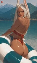 ai_generated aisinful animal_ears ass beach big_ass big_breasts big_butt blush boku_no_hero_academia breasts dark-skinned_female dark_skin female female_only from_behind half-closed_eyes hi_res horizon innertube large_breasts long_eyelashes long_hair looking_at_viewer looking_back medium_breasts mirko my_hero_academia ocean outdoors patreon_logo rabbit_ears rabbit_girl red_eyes sand sitting smile solo swimsuit thick_thighs thighs valentine's_day valentines_day water white_hair wide_hips