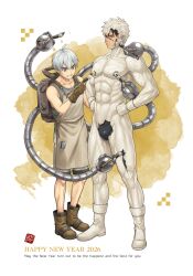 2026 2boys abs apron biceps black_hair boots breasts calligraphy_brush collarbone cracks duo ebitendon full_body gay grey_eyes grin hand_on_waist happy_new_year height_difference hi_res ink light_skin male male/male male_only marble mature_male mechanical_arm mischievous_smile muscles muscular muscular_arms muscular_legs muscular_male muscular_thighs new_year no_visible_genitalia original original_character painting pecs pose quadriceps short_hair six_pack standing statue statuefication torakitchen torakitchen_(ebitendon) tough_guy white_background white_hair yaoi