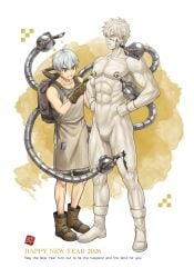 2026 2boys abs apron biceps black_hair boots breasts calligraphy_brush collarbone duo ebitendon full_body gay grey_eyes grin hand_on_waist happy_new_year height_difference hi_res ink light_skin male male/male male_only marble mature_male mechanical_arm mischievous_smile muscles muscular muscular_arms muscular_legs muscular_male muscular_thighs new_year no_visible_genitalia original original_character painting pecs pose quadriceps short_hair six_pack standing statue statuefication torakitchen torakitchen_(ebitendon) tough_guy white_background white_hair yaoi