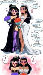 2girls annoyed annoyed_expression annoyed_face big_breasts black_hair black_heels black_wedding_dress blue_eyes blush bouquet bouquet_of_flowers breasts chocolate_and_vanilla cleavage clothed color_coded_text curvaceous curvaceous_female curvaceous_figure curvy curvy_body curvy_female curvy_figure curvy_hips curvy_thighs danny_phantom dark-skinned_female dark_skin earrings english_dialogue english_text eyeshadow female female_only flustered fully_clothed goth goth_girl height_difference high_heels hips hispanic_female interracial interracial_couple irritated lesbian_couple lesbian_wedding light-skinned_female lipstick long_hair love love_hate_relationship mascara medium_breasts nickelodeon omiiverse paulina_sanchez petite petite_breasts petite_female pink_lipstick purple_eyes purple_eyeshadow purple_lipstick purple_mascara purple_stockings purple_thighhighs romance romantic romantic_ambiance romantic_couple sam_manson short_hair shorter_female size_difference speech_bubble taller_female teenage_female teenager thick_thighs thighhighs thighs wedding wedding_attire wedding_dress wedding_gloves wedding_lingerie wedding_tiara wedding_veil white_heels white_wedding_dress wide_hips yuri