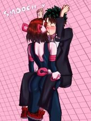 1boy 1boy1girl 1girls ass bodysuit brown_hair canon_couple carrying_partner couple female green_hair holding_partner holding_up_other_character izuku_midoriya kissing lifting_partner lifting_person male male/female my_hero_academia my_hero_academia_(finale) ochako_uraraka ochako_uraraka_(hero_outfit) romantic short_hair suit suit_and_tie toned_back