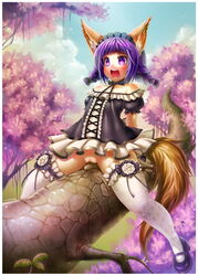 animal_ears arm_support arms_behind_back bare_shoulders braid branch crotch_rub dog_ears dress elin_(tera) emperpep female gloves leaning_back long_hair maid mary_janes masturbation no_panties open_mouth purple_eyes purple_hair pussy shoes short_dress solo straddling tail tera_online thighhighs tied_hair tree twin_braids twintails