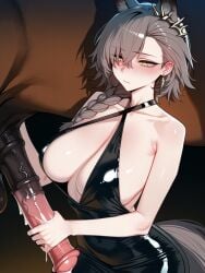 1horse ai_generated arknights backless_dress beastiality big_balls big_breasts black_dress black_lipstick blush breasts brown_hair cleavage cock_worship criss-cross_halter cum earrings evening_gown female hair_over_one_eye hair_over_shoulder hand_on_penis handjob horse horse_penis horsecock long_hair mole oversized_penis penance_(arknights) penis revealing_clothes short_hair side_braid single_braid stable wolf_ears wolf_tail yellow_eyes