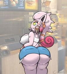 after_transformation behind_view bracelet chabble denim_shorts earings facial_markings fangs large_ass mcdonald's menu multicolored_eyes pink_body pink_hair pointy_ears pokemon pokemon_(species) pokemon_sv post_transformation professor_sada_(pokemon) restaurant scream_tail sideboob tank_top thick_ass thinking