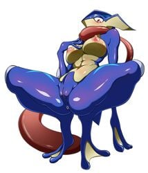 abs anthro anthrofied anus big_breasts blush breasts crouching edit erect_nipples female greninja kanta_(k_n_t_r_o) nintendo nipples nude pokemon pokemon_(species) presenting presenting_pussy pussy red_eyes simple_background solo spread_legs spreading uncensored video_games webbed_feet webbed_hands white_background wide_hips