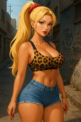 1girls acrylic_nails ai_generated ass big_breasts bimbo blonde_hair blue_eyes bra bracelet breasts buildings clothing female ghetto graffiti hoop_earrings human jean_shorts jeans large_breasts leopard_print long_hair looking_at_viewer nail_polish original_character ponytail red_lipstick red_nails red_scrunchie scrunchie shorts tan_body tan_skin thick_thighs white_female wide_hips