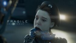 1440p 1boy1girl 3d 3d_(artwork) blender blender_(artwork) blender_(software) blurred_foreground blurry_background death_stranding female_focus fragile_(death_stranding) hands_in_mouth human humanoid interface kojima_productions lilly_3d mouth_forced_open open_mouth rubber_gloves rubber_suit surprised surprised_expression surprised_face user_interface video_game_character video_games