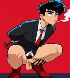 1boy ai_generated balls black_hair blue_eyes danny_fenton danny_phantom gay half-dressed half_naked half_naked_male half_nude half_nude_male heavy_balls male male_focus penis smoke smoking suit vein veins veins_on_dick veiny veiny_penis yaoi