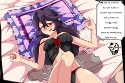 big_ass big_breasts big_butt big_thighs big_titties blush clothing curvaceous curvaceous_female curvaceous_figure curvy curvy_figure curvy_hips drmsenketsu female female_focus female_only filia lingerie looking_at_viewer purple_hair skullgirls spanish_text talking_to_viewer text