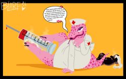 5_toes anthro black_border blarf022 blood bodily_fluids border catherine_(gregory_horror_show) claws english_text feet female foot_fetish gregory_horror_show heart_symbol hi_res holding_object_with_feet humanoid_feet lizard lying markings nurse on_side pink_body pink_scales plantigrade reptile scales scalie seductive shoes_removed simple_background smelly smelly_feet solo spots spotted_body spotted_scales syringe text toe_claws toes yellow_background