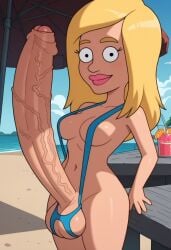 2025 ai_generated american_dad beach breasts brown_hair civitai foreskin futa_penis futanari intersex jossyless_(ai) phyllis_(american_dad) sling_bikini smile smiling_at_viewer solo_futa trash uncircumcised uncut very_long_penis