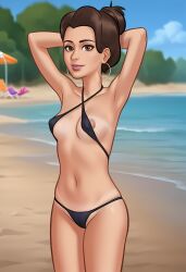 1girls 2d 2d_(artwork) ai_generated areolae arms_above_head big_breasts bikini bikini_bottom breasts brown_hair cameltoe civitai daeisi digital_drawing_(artwork) earrings female female_focus female_only light-skinned_female light_skin medium_breasts missy_(summertime_saga) nipples panties petite petite_body pussy pussy_lips pussy_peek showing_off sideboob small_breasts summertime_saga tan-skinned_female tan_body tan_skin tanline tanlines tanned tanned_skin teenage_girl teenager vagina