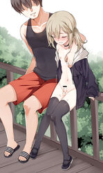 2boys androgynous black_hair blush brown_hair censored closed_eyes cum erection faceless faceless_male grin highres jacket knees_together_feet_apart kuro_(kuronell) little_penis long_hair malesub mary_janes multiple_boys naked_coat navel nipples nude original outdoors penis public sandals shoes short_hair shorts smile thighhighs tied_hair trap twintails vest yaoi