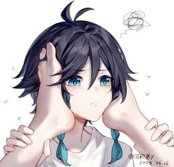 1boy 2025 antenna_hair blue_eyes blush braid chenjiyan_y chinese_commentary closed_mouth commentary_request dated flying_sweatdrops foot_fetish foot_focus foot_on_another's_face genshin_impact light-skinned_male male male_focus male_only partial_commentary photo-referenced shirt short_hair simple_background squiggle twitter_username venti_(genshin_impact) white_background white_shirt