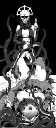 2018 2girls antiquarian_(darkest_dungeon) artist_request big_breasts blush breasts consensual_tentacles cultist cultist_acolyte darkest_dungeon female front_view hi_res jewelry knife mask masked_female melee_weapon missionary_position monochrome necklace pussy ripped_clothing source_request tentacle tentacle_sex