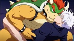 bowser crossover eastern_and_western_character gay gay_male gay_sex implied_sex interspecies jujutsu_kaisen kissing kissing_while_penetrated male mario_(series) satoru_gojo spiked_bracelet spiked_collar super_mario_bros. weird_crossover xd yaoi