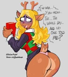 ass big_ass blonde_hair boxx_wrench breasts deer deer_girl deltarune dripping english_text long_hair looking_back looking_down noelle_holiday non-human panties shocked skirt skirt_lift sweat text thong watermark