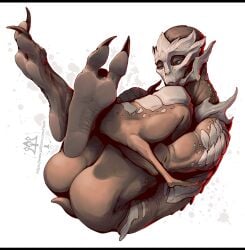 2025 2_toes alien ass barefoot bioware blue_eyes claws curled_up electronic_arts feet feet_up female foot_fetish foot_focus kredri legs_up letterbox lying mass_effect nude on_back plantigrade simple_background soles solo text toe_claws toes turian url white_background wrinkled_feet wrinkles