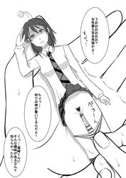 aizawa_nagisa_(jitsu_wa_watashi_wa) alien antennae comic female foaming_at_the_mouth hands highres jitsu_wa_watashi_wa minigirl monochrome necktie panties panty_pull pubic_hair pussy ringoku rolling_eyes salute shaded_face sweat text translation_request underwear