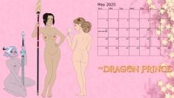 3girls alternate_version_at_source ass blonde_hair blue_eyes braided_hair breasts brown_eyes brown_hair calendar female green_eyes lissa_(the_dragon_prince) looking_at_viewer mehefin013 multiple_girls nipples nude nude_female pinup queen_sarai royalty self_upload short_hair smile the_dragon_prince tiadrin weapon white_hair
