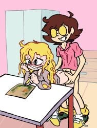1boy accurate_art_style blonde_hair doggy_style female glasses lilith_pikman lisnotsfw male messy_hair oc on_table pencil public_u._art_club shencomix sweater