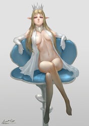 1girls 2015 ariverkao artist_signature blonde_hair blue_eyes bottomless breasts character_request crossed_legs crown elf elf_ears elf_female female female_only gloves looking_at_viewer partially_clothed sitting solo solo_female thighs white_background