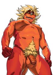 1boy anthro balls body_hair buddyfight dragon drum_(buddyfight) drum_bunker_dragon flaccid happy_trail horn looking_at_viewer looking_down low-angle_shot male male_only muscular navel nipples nude partially_retracted_foreskin pecs penis pubes rossciaco scalie sharp_teeth solo standing teeth uncut