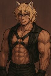 abs ai_generated bara blake_howell blake_howell_(utau) blonde_hair blue_eyes dominant dominant_male gay glasses harness humanoid kemonomimi leather leather_clothing leather_harness leather_vest male male_only moobs muscular muscular_arms muscular_male muscular_pecs pecs utau vest wolf_ears wolf_tail yaoi