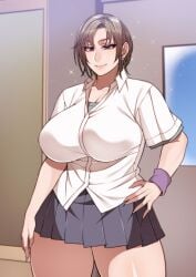 1girls akira_kugamachi cleavage curvy_figure hand_on_hip huge_breasts korotsuke looking_at_viewer pale-skinned_female school_uniform schoolgirl short_hair skirt solo solo_female the_creepy_glasses_girl thick_thighs tomboy