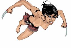 1girls black_hair blood blue_eyes breasts claws feet female female_only laura_kinney lips lipstick makeup marvel marvel_comics nipples red_lipstick short_hair simple_background solo teeth weapon white_background x-23 x-force x-men