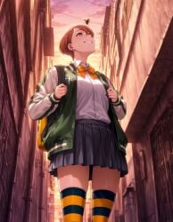 1girls ai_generated blue_eyes boku_no_hero_academia brown_hair covered_eye female female_focus lifting_skirt looking_at_viewer my_hero_academia school_uniform tamao_oguro uniform very_short_hair vigilante:_my_hero_academia_illegals