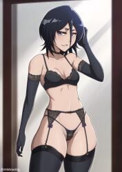 1girls black_bra black_gloves black_hair black_legwear black_panties black_thighhighs bleach blush bra breasts choker clothing female female_only kuchiki_rukia lingerie lingerie_bra lingerie_only lingerie_panties long_gloves looking_at_viewer matching_underwear midriff mistowing opera_gloves panties petite short_hair small_breasts smiling solo thick_thighs thighhighs wide_hips