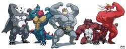 anthro armpits balls bara barazoku boner druddigon erection flexing full-length_portrait full_length group humanoid_penis krookodile machamp maldu male male_only muscles nintendo nude pangoro penis pokemon pokemon_(species) portrait solo standing tyrantrum video_games