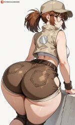 ai_generated fio_germi glasses houseofwaifu huge_ass metal_slug ponytail shorts thick_ass thick_legs thick_thighs wide_hips wide_thighs