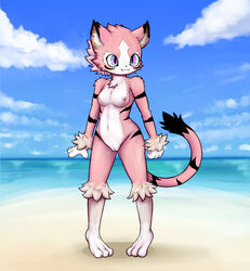 1girls anthro beach blush breasts catfuk123 detailed_background fangs feline female fur furry mammal navel nipples nude outside paws pink_fur pussy seaside shadow small_breasts smile solo standing tail