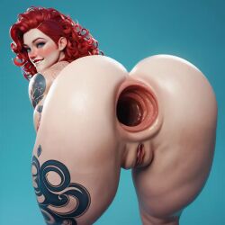 after_anal ai_generated anus ass_focus blue_background blush curly_hair female gaping_anus huge_anus huge_gape muscular_female pale_skin plain_background pussy red_hair smiling spread_anus spread_ass tattoo tribal_tattoo