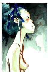 asian_female closed_eyes cute_female hair_bun hair_ribbon jamie_hewlett small_breasts