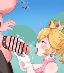 1girl1futa 2girls before_oral big_balls big_breasts big_penis blonde_hair bowsette censored censored_penis cock_ring crown futa_on_female futanari gloves handjob heart long_nails mario_(series) nintendo open_mouth precum princess_peach shocked side_view super_mario_bros. sweat tongue_out veiny_penis zkky