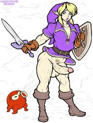 2015 alternate_version_available assisted_exposure balls bottomless demien erection femboy girly habbodude half-dressed holding_weapon hylian link male male_bimbo male_only master_sword nintendo octorok penis shield sword the_legend_of_zelda weapon